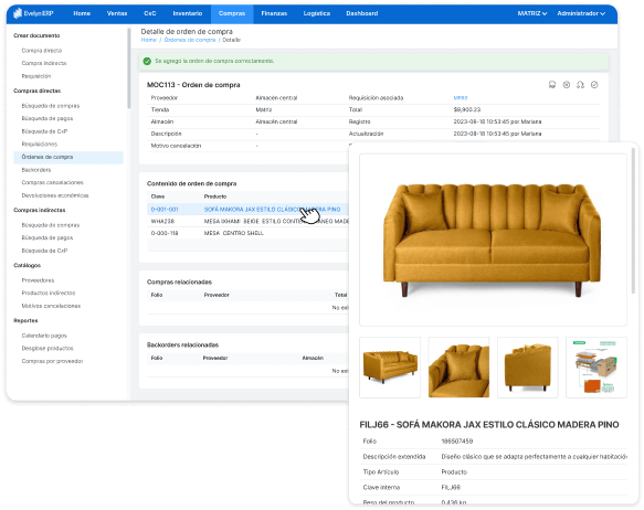 Pantalla De Evelyn Erp Mostrando El Detalle De Una Orden De Compra Y La Visualización Del Producto Sofá Makora Jax Estilo Clásico Madera Pino.