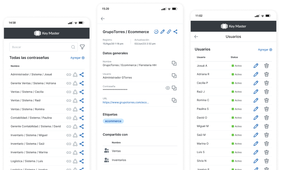 Interfaz Móvil De La Aplicación Key Master Mostrando Tres Pantallas: Una Lista De Contraseñas Almacenadas, Los Detalles De Una Contraseña Específica Para 'Grupotorres / Ecommerce', Y La Lista De Usuarios Con Su Estado Activo. La Aplicación Permite Gestionar Credenciales, Ver Detalles De Contraseñas Y Editar O Eliminar Usuarios Fácilmente Desde El Dispositivo Móvil.