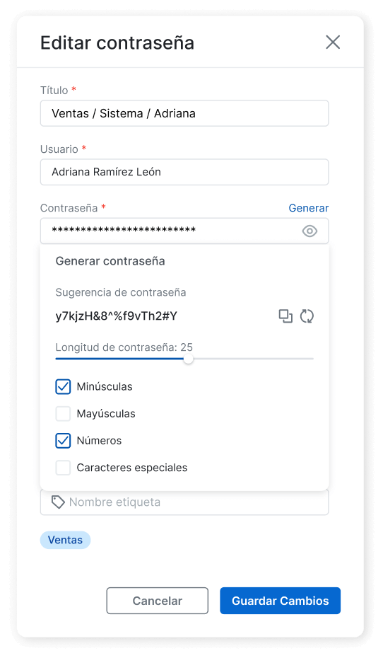 Interfaz De Edición De Contraseña En Key Master, Mostrando Los Campos Para Título, Usuario Y Contraseña. La Sección De Generación De Contraseña Permite Personalizar La Longitud Y La Inclusión De Minúsculas, Mayúsculas, Números Y Caracteres Especiales. El Botón 'Guardar Cambios' Permite Confirmar Los Ajustes Realizados.