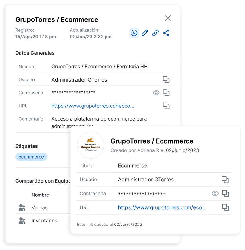 Pantallas De Detalle De Contraseña En La Aplicación Key Master Para 'Grupotorres / Ecommerce'. La Interfaz Muestra Información Como El Nombre Del Usuario, La Contraseña Oculta, La Url De Acceso Y Etiquetas Relacionadas. También Incluye Opciones Para Copiar La Contraseña, Ver Su Historial Y Compartir El Enlace. La Contraseña Está Compartida Con Los Equipos De Ventas E Inventarios.
