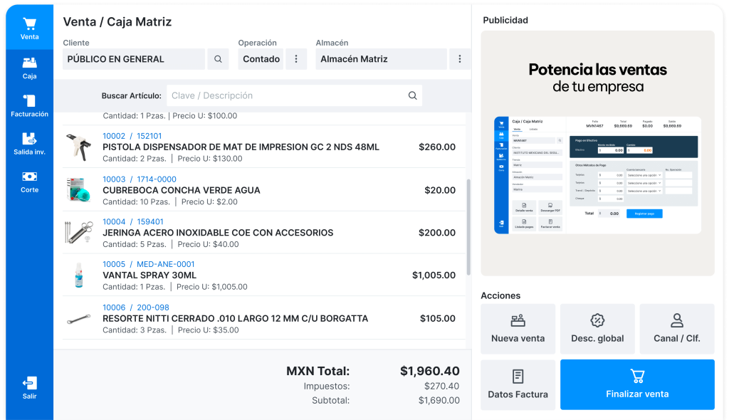 Pantalla Del Módulo De Punto De Venta En Evelyn Erp Mostrando Una Lista De Productos En Una Venta En Proceso, Con Detalles Como Cantidad, Precio Unitario Y Total. Incluye Opciones Para Facturación, Corte De Caja Y Acciones Adicionales Para Finalizar La Venta. La Interfaz Está Diseñada Para Facilitar La Gestión De Ventas En El Comercio Minorista.