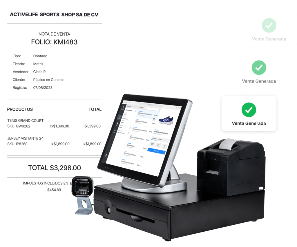 Pantalla De Punto De Venta De Evelyn Erp Con Equipo De Caja Registradora, Mostrando Una Nota De Venta Generada. Incluye Detalles Del Ticket, Productos Vendidos Y El Estado De La Transacción Como 'Venta Generada'. Ideal Para Ilustrar El Proceso De Ventas En Un Entorno Minorista.