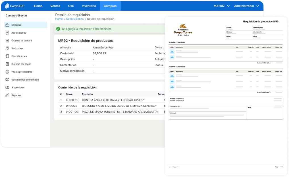 Pantalla De Requisiciones En Evelyn Erp Mostrando El Detalle De Una Requisición De Productos Y El Pdf Generado Con La Información Correspondiente, Facilitando La Gestión De Compras En El Software.