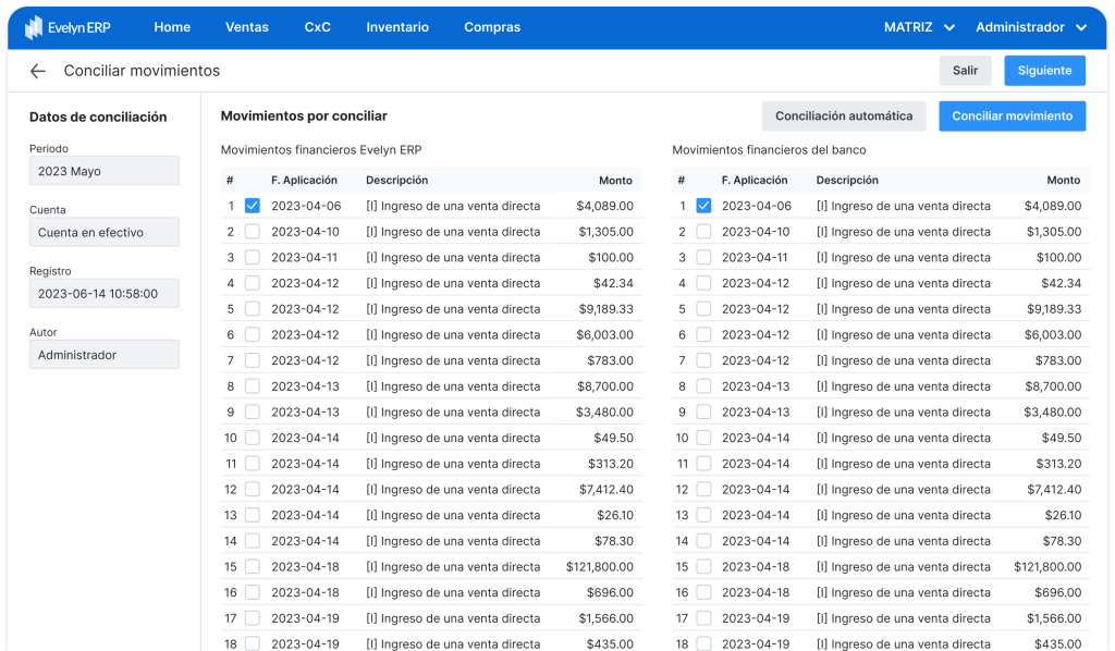 Pantalla De Conciliación De Movimientos Bancarios En Evelyn Erp, Mostrando La Interfaz Del Software Con Detalles De Transacciones Para Facilitar La Conciliación Financiera.